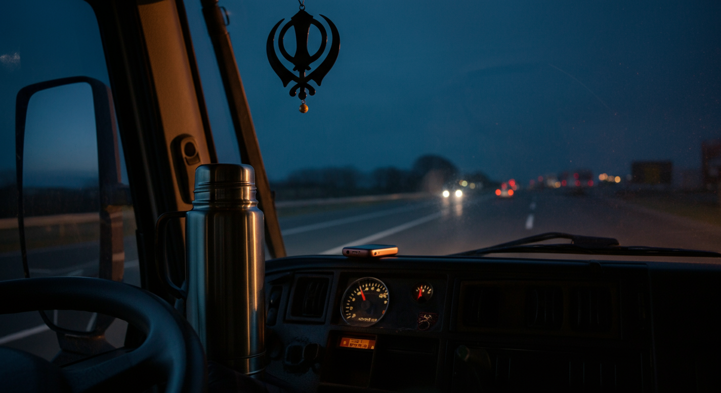 Inside a truck cab at night — a Khanda emblem hanging from the rearview mirror, a steel thermos of chai on the dash, the empty highway ahead
