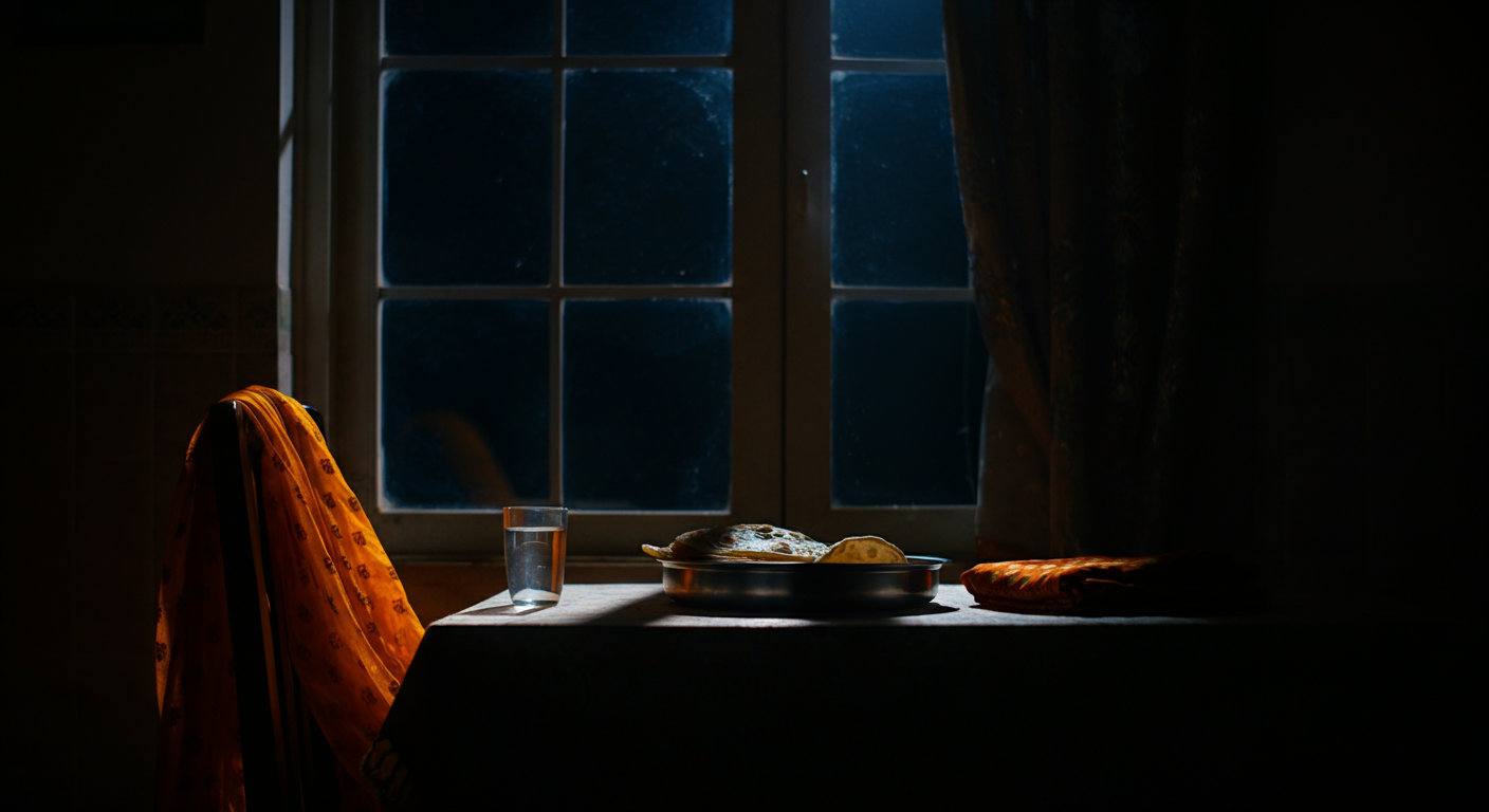 An empty chair at a Punjabi family table at night, a covered plate of roti and a phulkari shawl waiting — the ache of someone absent
