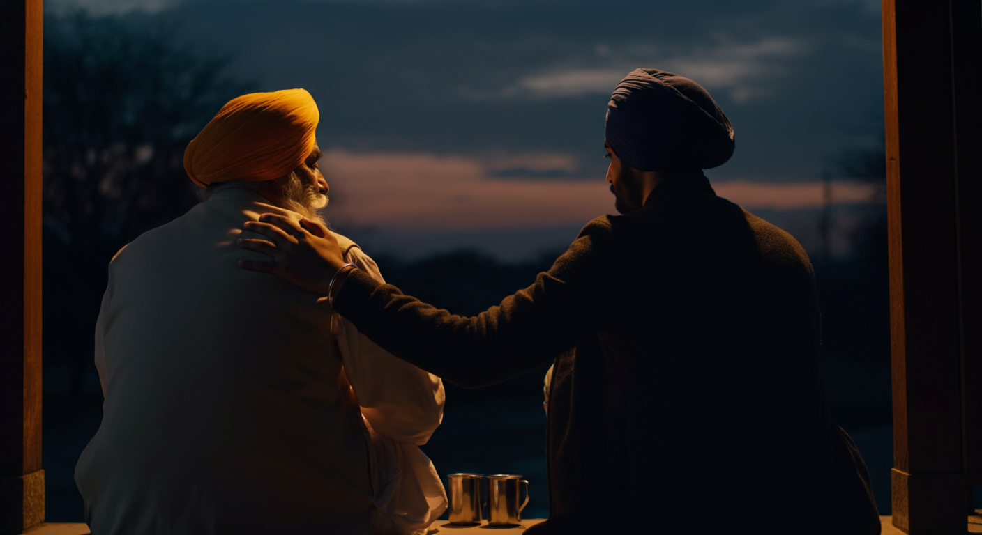 An older Sikh father and his grown son seen from behind at dusk, the son’s hand resting on his father’s shoulder, two cups of chai between them