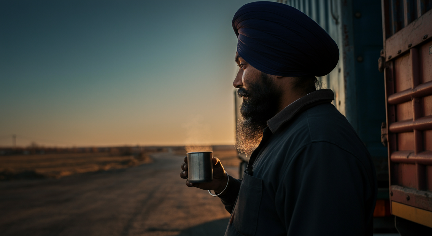A Sikh truck driver in a turban holding a steel cup of chai at dawn beside his rig, steam rising in the cold air