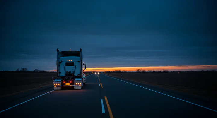 A driver in the cab of a truck in quiet evening light.