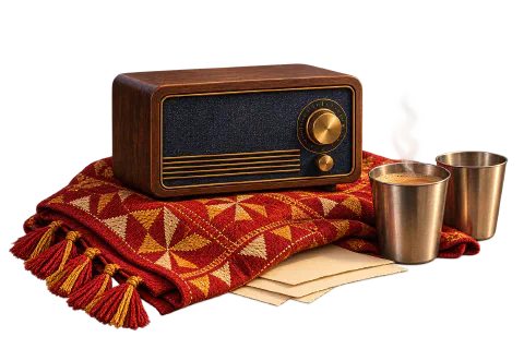 A wood radio, two steel cha tumblers, blank paper and folded red phulkari.