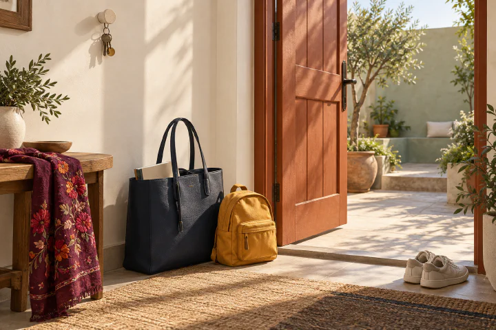 Original illustration of a work tote and a school backpack beside an open doorway.