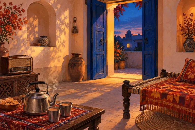 A courtyard with a blue doorway, a radio and a pot of cha.