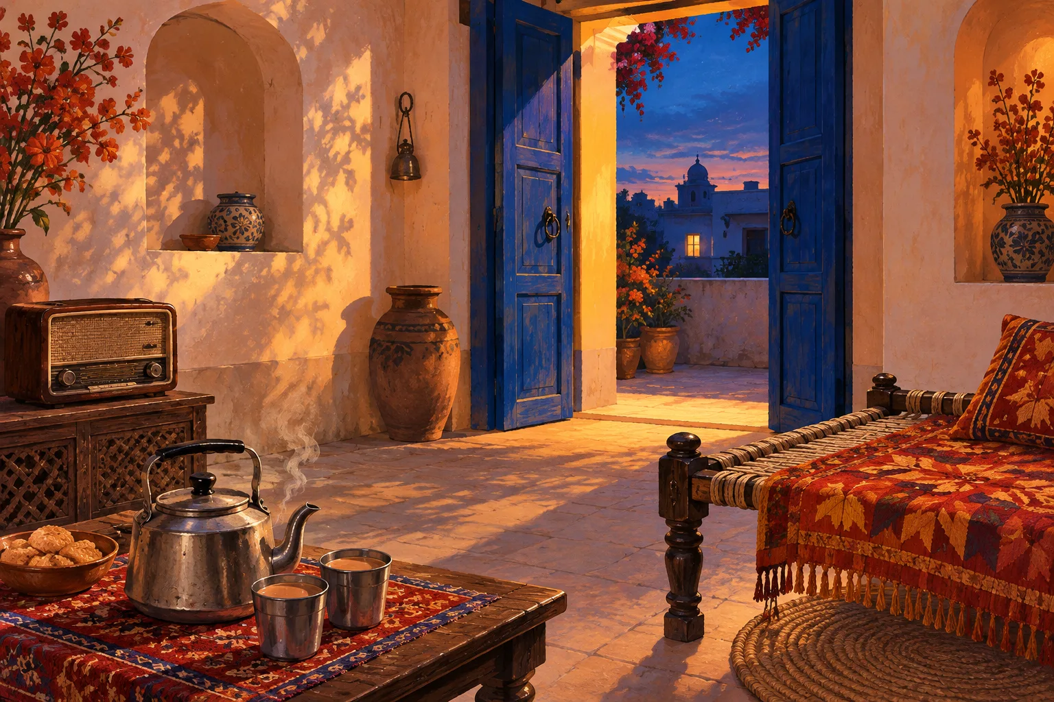 An illustrated Punjabi courtyard, with an open blue door, a radio, chai and a phulkari-covered charpai.