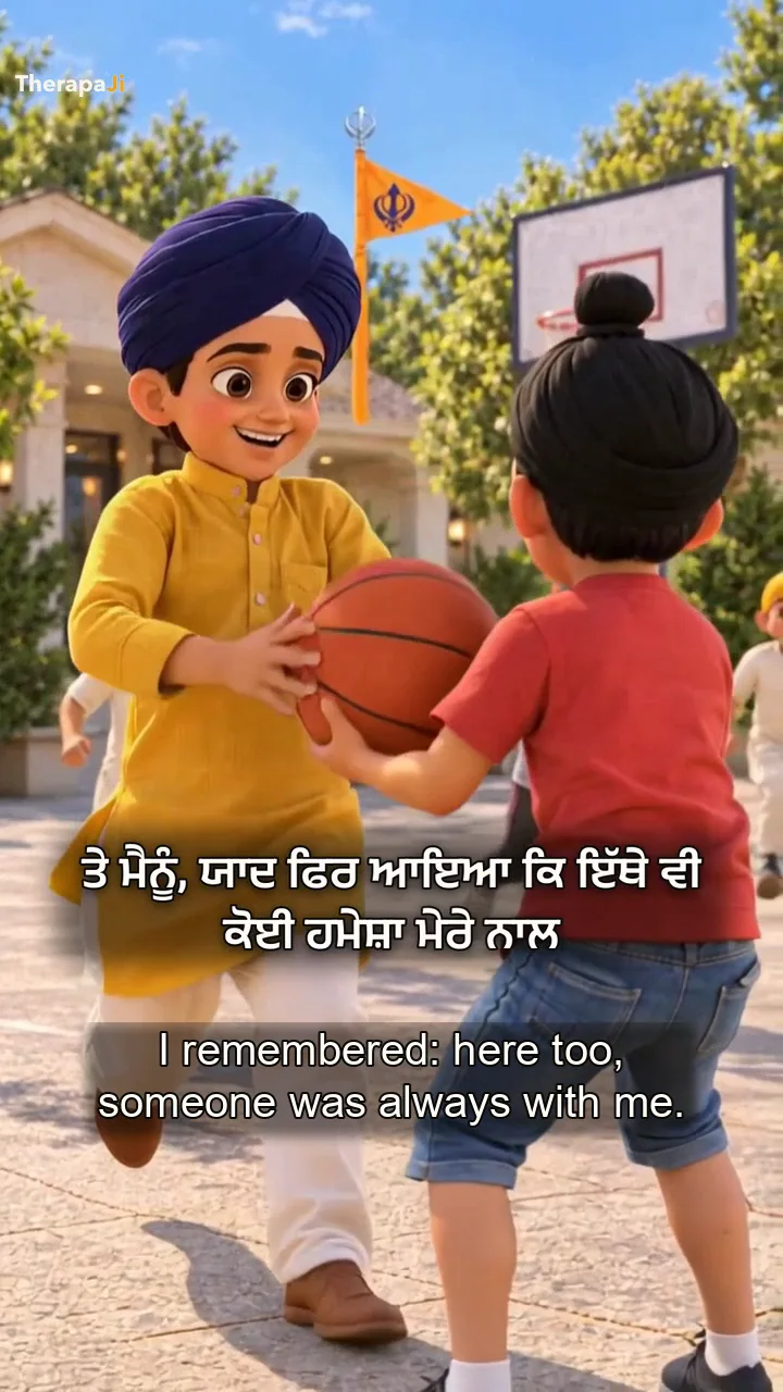 Sukhi smiles with boys holding a basketball outside the gurdwara.